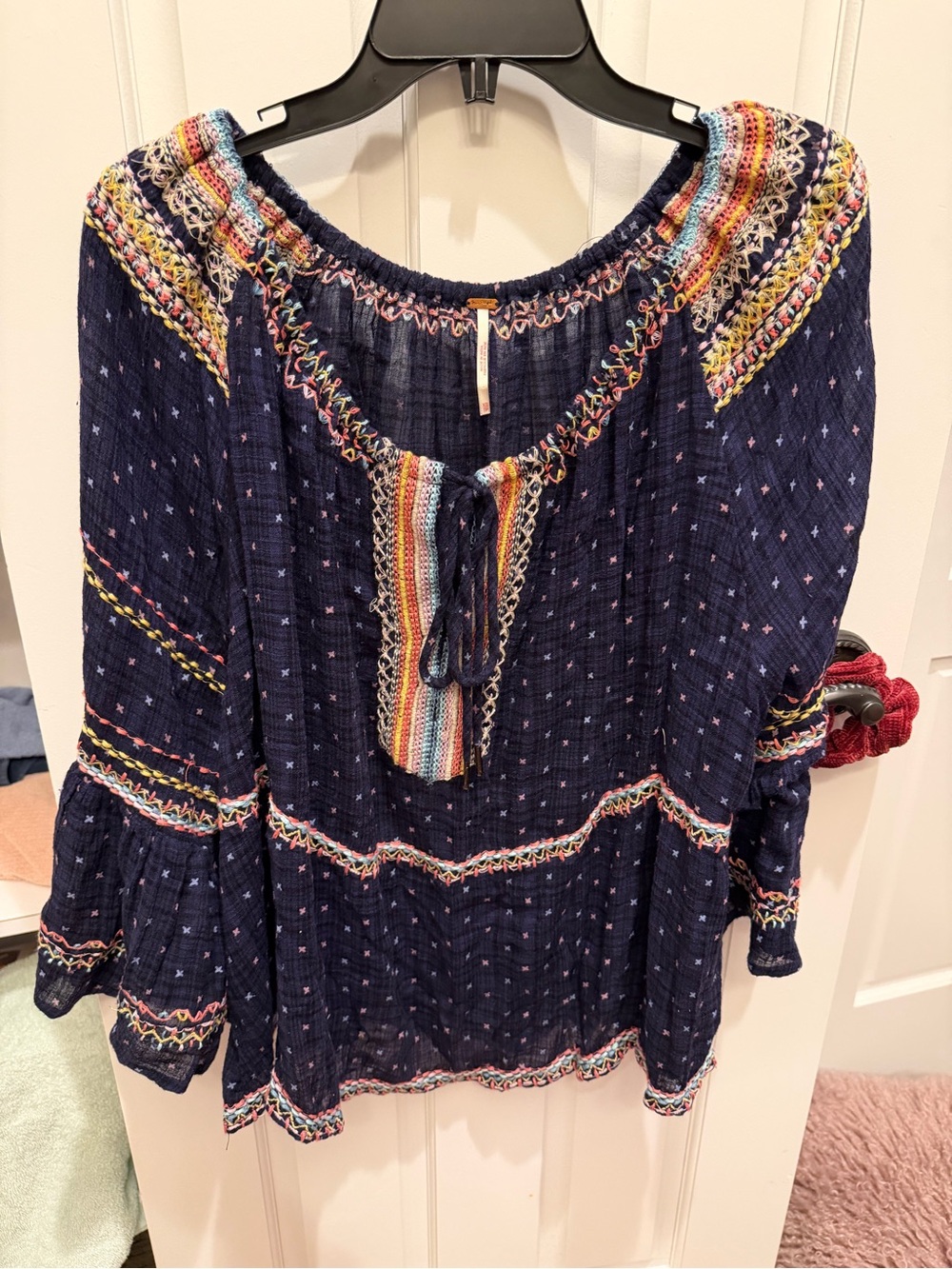 Free People Navy Multicolor Embroidered Blouse